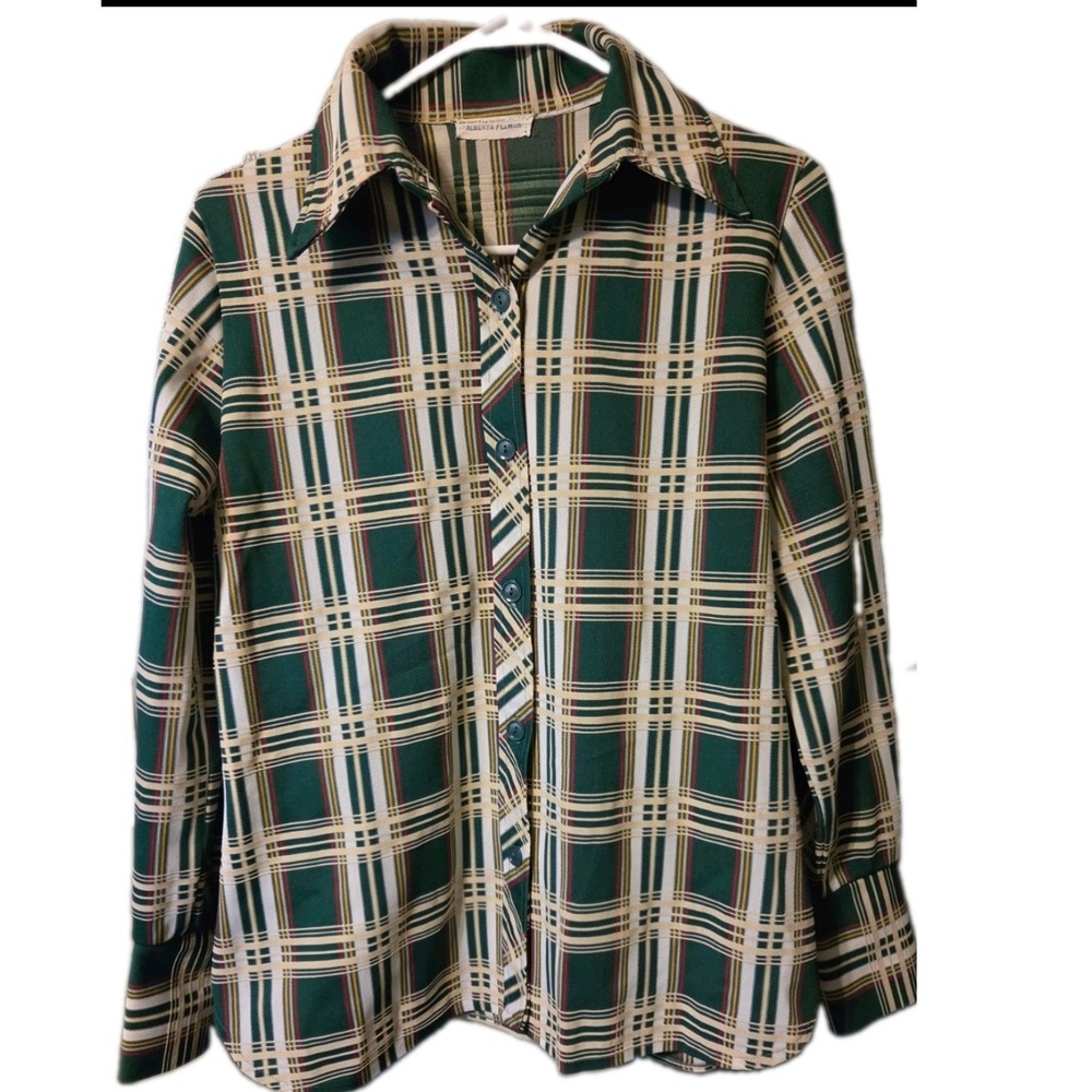 Alberta Fillman Vintage 70s Plaid Button Down Shirt Green Dagger Collar Knit